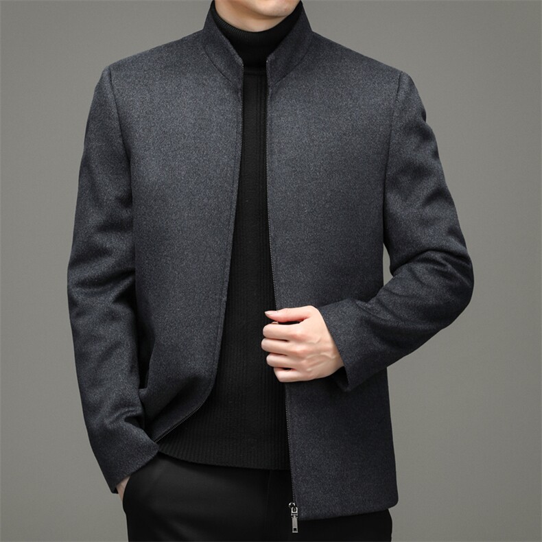 高端可脱卸90%鹅绒内胆中老年山羊绒大衣男立领绵羊毛双面呢外套，男装毛呢大衣，钱塘723