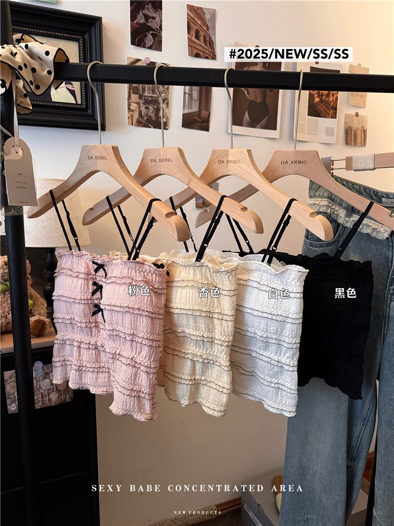 法式纯欲风蕾丝花边蝴蝶结抹胸背心女甜美一字肩吊带上衣，女装背心吊带，梦白服饰厂