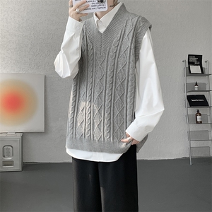 韩系叠穿复古麻花针织衫马甲男学院风早秋穿搭上衣服背心9097P58图片