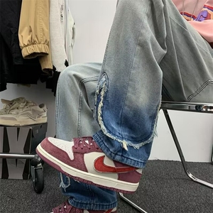 欧美渐变毛边水洗高街牛仔裤男女情侣潮牌设计感小众炸街裤P50图片