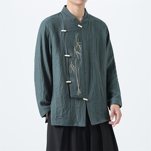 风（折枝金竹）棉麻混纺绣花木头扣大码宽松长袖衬衫男女款图片