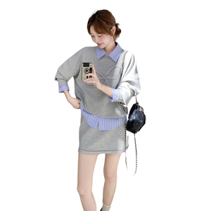 灰色蝴蝶结卫衣套装裙女2025秋新款一整套穿搭条纹衬衫短裙三件套图片