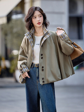 水衣源2796款灯笼外套女咸菜绿立领格子拼接洋气一手长风衣，女装风衣，水衣源