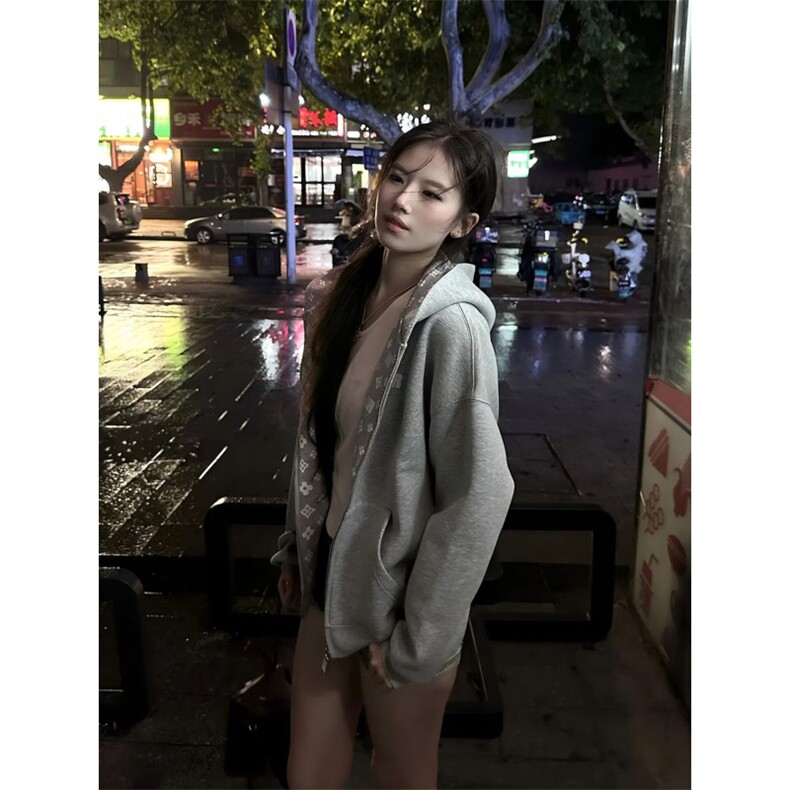 美式连帽卫衣女秋冬加绒字母印花开衫外套重磅潮牌宽松情侣上衣,女装短外套,星座506A