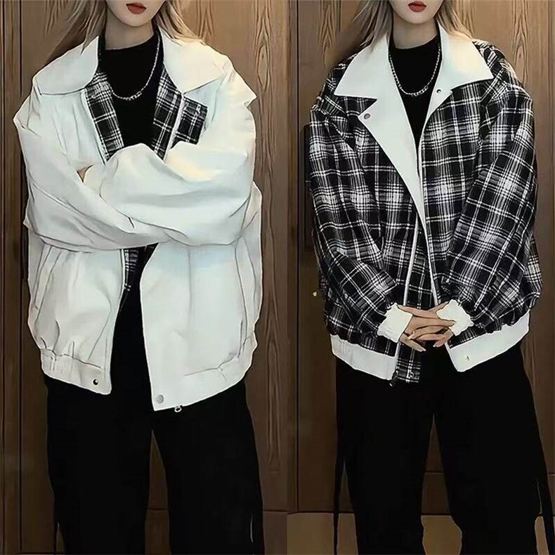 双面穿格子机车棉服男女款加厚高级感工装皮衣宽松美式夹克外套潮,男装夹克,星座613