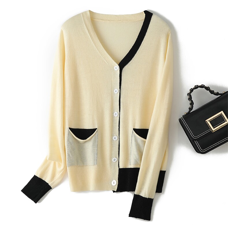 螺纹拼色加兜开衫秋冬新款单排扣外套长袖毛衣外搭，女装羊毛衫，奥千羊绒