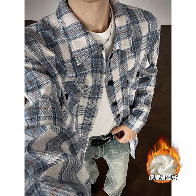 抗寒舒适银狐绒潮流毛呢格子衬衫重磅480g男J5283J加绒-特P48控98，男装衬衫，电商A001