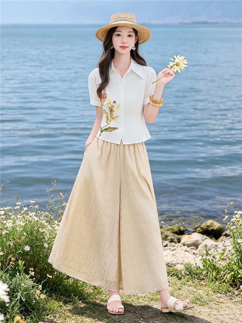 轻熟风时尚小翻领衬衫套装女2026夏气质印花上衣裙裤优雅两件套,女装套装/套裙,水衣源