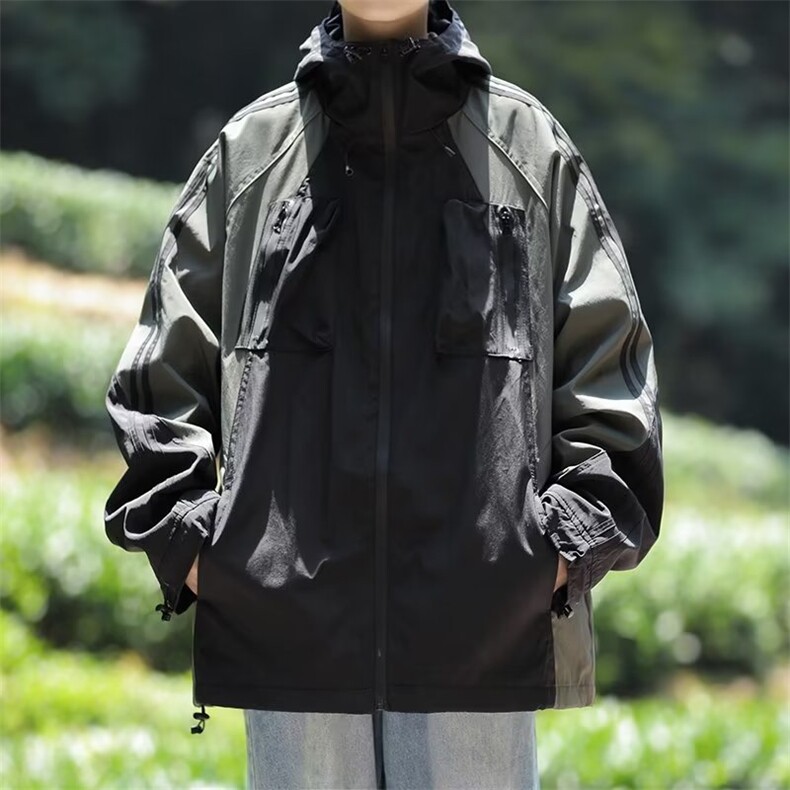 春款男女连帽夹克工装大口袋条纹拼色情侣款冲锋衣外套JK905P65,男装夹克,星座1013-1