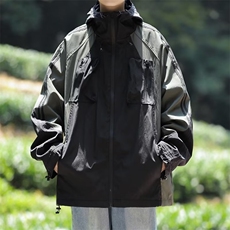 春款男女连帽夹克工装大口袋条纹拼色情侣款冲锋衣外套JK905P65，男装夹克，星座1013-1