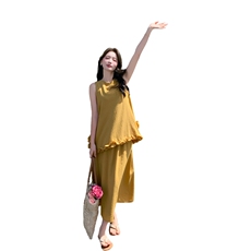 黄色度假浪漫风套装裙女2025夏季甜美气质木耳边背心半身裙两件套，女装套装/套裙，浙宝220
