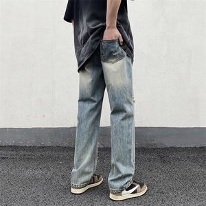 高街美式复古黄泥水洗破洞牛仔裤男宽松长裤XZ211-1-K2315-P55图片