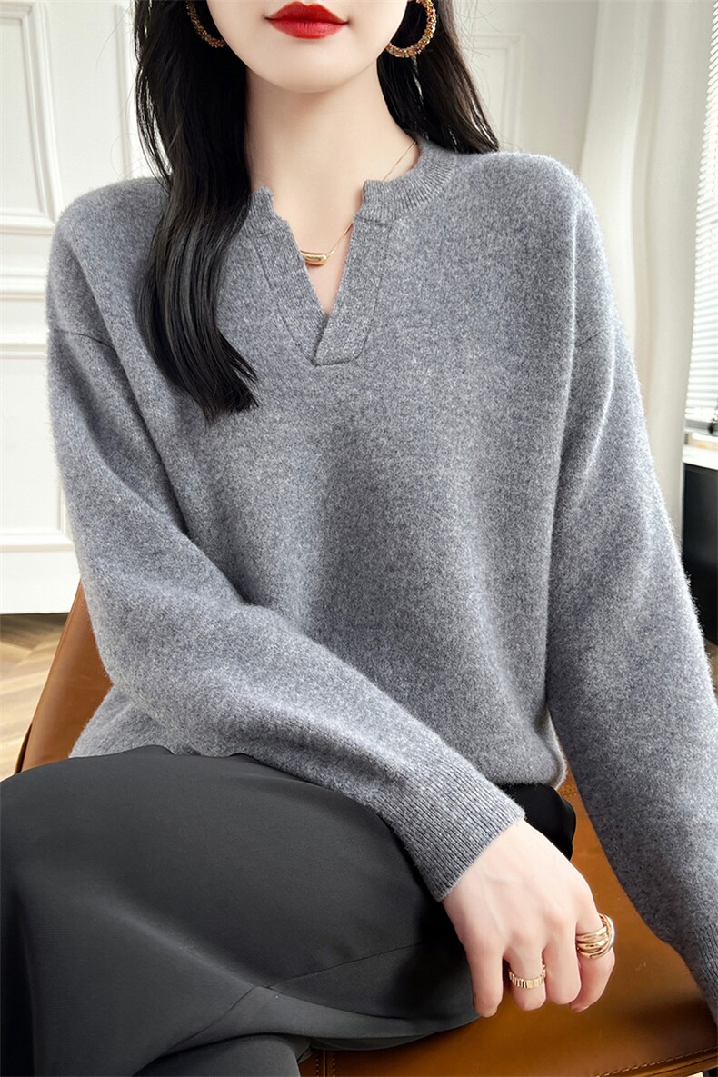 女V领羊毛衫2024秋冬新款宽松长袖针织衫休闲百搭,女装羊毛衫,蒙特羊绒