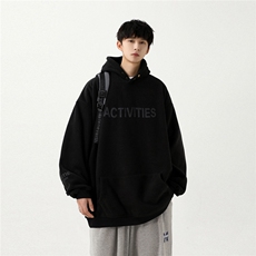 美式摇粒绒卫衣男秋冬款加绒加厚复古纽扣重磅连帽衫oversize外套，男装卫衣，电商A057