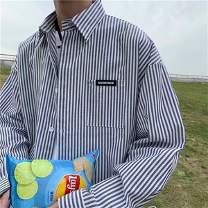 日系复古条纹长袖衬衫男港风潮流宽松休闲衬衣春秋外套CS755-p33图片