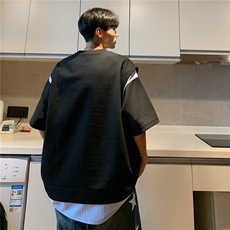 情侣装港风设计条纹衬衫拼接潮情侣短袖T恤上衣男G1052P45男，男装T恤，电商A339