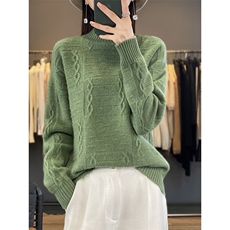 时尚百搭半高领七针加厚麻花针织羊毛衫，女装羊毛衫，狄美羊绒