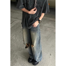 复古水洗破洞牛仔裤男女夏季高腰宽松显瘦直筒阔腿拖地裤NY9069，男装牛仔裤，星座1116A（原606A-3）