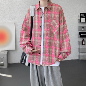 衬衫男秋季新款港风宽松大码磨毛格子扎染长袖衬衣CS507-P35图片