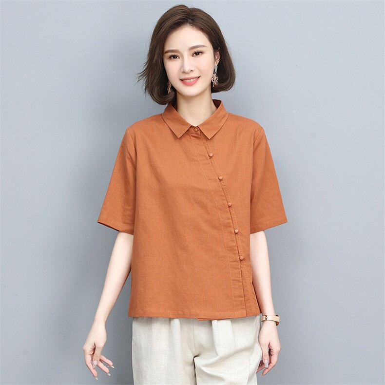 棉麻衬衫女2024夏季新款妈妈短袖衬衣中老年洋气亚麻薄款半袖上衣,女装衬衫,忆绮罗