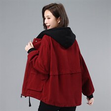 2021年冬季拼接连帽加绒外套宽松长袖文艺通勤开衫，女装卫衣/绒衫，叶笙衣