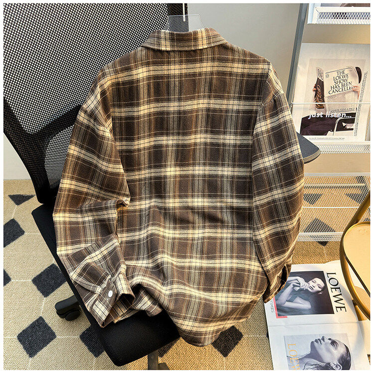格纹口袋翻领磨毛衬衫高级感复古做旧风长袖衬衣SC237P28,男装衬衫,星座1013-1