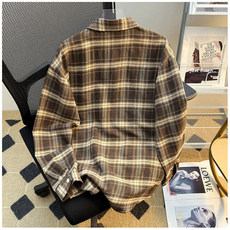 格纹口袋翻领磨毛衬衫高级感复古做旧风长袖衬衣SC237P28，男装衬衫，星座1013-1