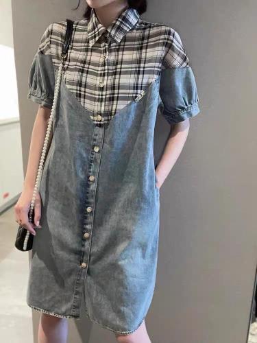 AX306欧洲站格子拼接衬衫牛仔连衣裙2021新款洋气减龄,女装衬衫,L·H·X