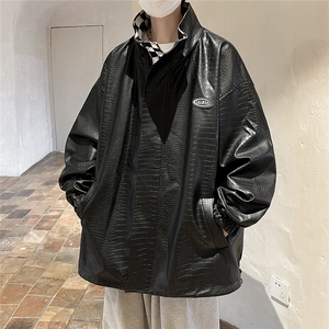港风两面穿夹克男大码M-5XL格子PU皮鳄鱼纹皮衣男JK8753P110控149图片
