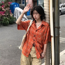 美式潮牌复古橙色格纹短袖衬衫宽松百搭休闲情侣慵懒衬衣，男装T恤，星座1210-1