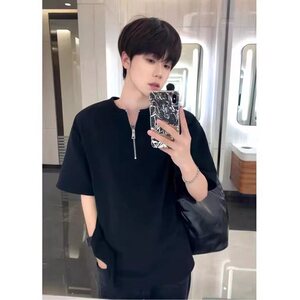 半拉链亨利领设计感黑色收袖口T恤短袖男夏季痞帅半袖 T7707图片