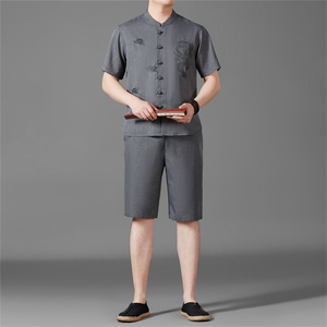 风短袖衬衫唐装短裤两件套男士夏中老年中式汉服MJ5101B-P87图片