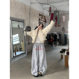 B3001-P49 美式复古字母棉裤男女冬季设计感加绒加厚弯刀裤图片