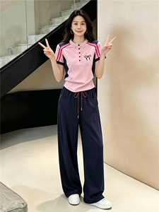 设计款时尚休闲套装女夏款简约百搭条纹拼接短袖上衣阔腿裤两件套图片
