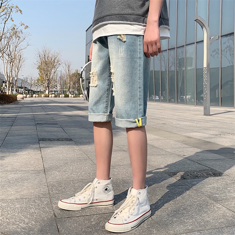 七分牛仔裤男潮牌夏季港风破洞短裤子男韩版潮流宽松直筒HT93,男装牛仔裤,星座509