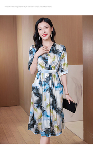 高端重磅真丝连衣裙女裙子短袖真丝中长裙大裙摆收腰夏装图片
