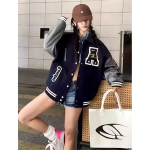 高街学院风黑色藏青色棒球服外套春秋小众情侣夹克上衣 JM213图片