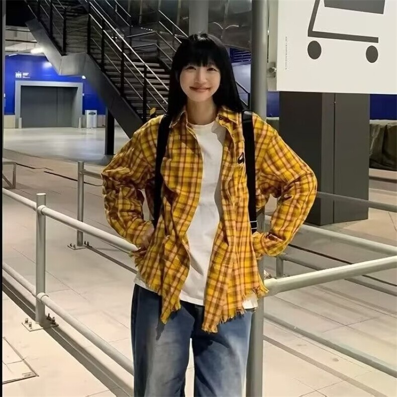 1506/QC030/P35格子长袖衬衫日系港风ins宽松潮流百搭休闲外套,男装衬衫,星座1506