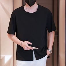小伙无领纯色衬衫男休闲宽松风刺绣衬衣轻熟风A236-82576-P55，男装衬衫，电商A236