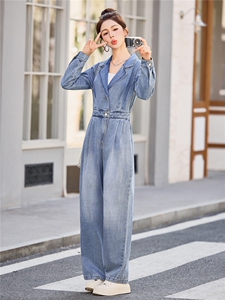 （新款现货）2026春装时尚显瘦西装领工装牛仔阔腿腰带连体裤女图片