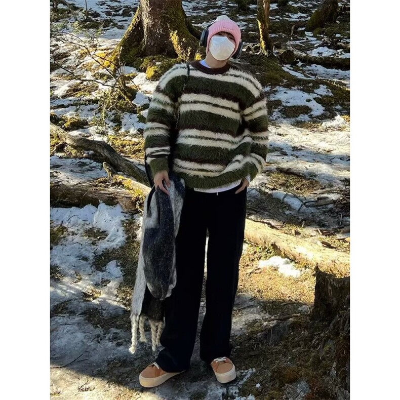 马海毛针织衫男士韩版软糯毛线衣慵懒风绿色条纹毛衣宽松圆领上衣,男装针织衫/毛衣,星座506A