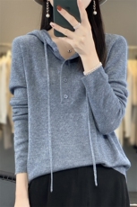 灰色连帽卫衣女春秋薄款带帽打底衫宽松慵懒帽衫短款上衣针织外套，女装针织衫/毛衣，雪真羊绒