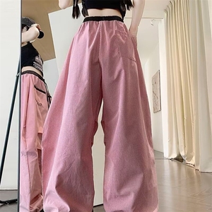 夏日多巴胺休闲裤女韩系格子褶皱感工装裤夏宽松弯刀裤GA8032 P50图片