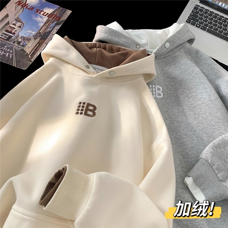 平铺假两件加绒加厚宽松刺绣连帽卫衣D309B-CC12-P60，男装卫衣，电商D309B