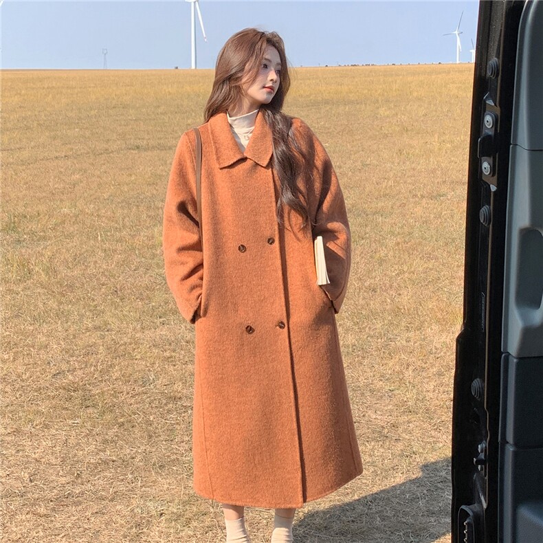韩系高级感橘色双面毛呢大衣女2025冬新款小个子宽松气质保暖外套，女装双面呢大衣，艾米莉亚