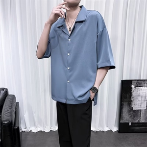 古巴领衬衫男短袖白色夏季潮牌高级薄款宽松休闲垂感冰丝衬衣 D9图片