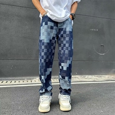 格子拼色牛仔裤男韩版潮流高街帅百搭2024秋季ins长裤RK2091-P49，男装牛仔裤，星座412-3