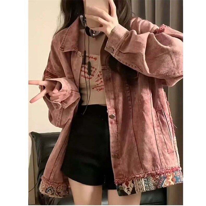 小香风牛仔外套女春秋复古做旧拼接设计感小众宽松粉色开衫夹克潮,男装夹克,星座506A