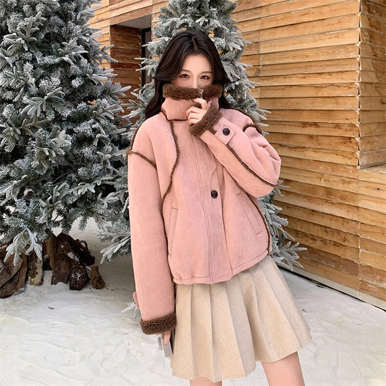 粉色皮毛一体麂皮绒羊羔毛外套女2025新款小个子加绒加厚短款棉服,女装棉衣/棉服,2C032