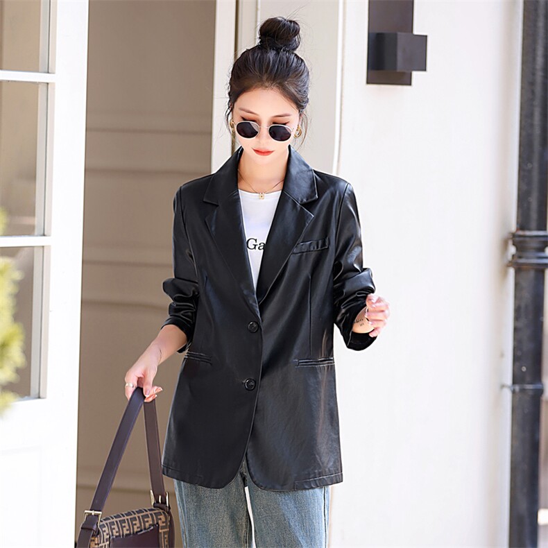 PU皮西装外套女秋季复古西服2025新款小个子复古外套女宽松港风潮,女装西装,意芙